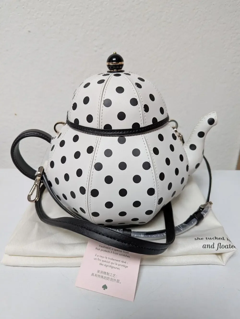 Kate Spade Alice in Wonderland Teapot Party White Polka Dot Crossbody Bag NWOT